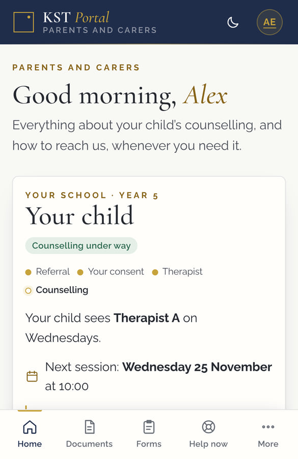 A parent’s home screen on a phone: their child’s counselling under way, with the referral, their consent and the therapist done, the day of the week their child is seen, and the next session.